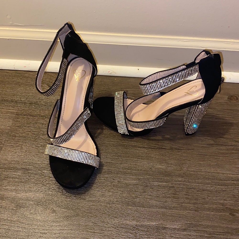 Black thick heeled crystal heels